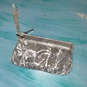 Express metallic faux snake silver wristlet clutch
